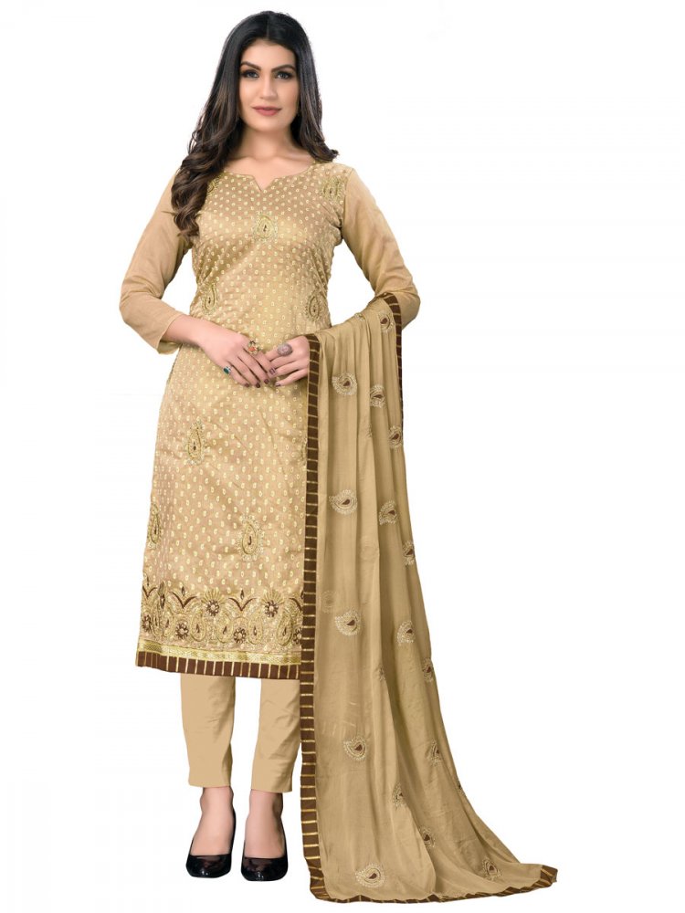 Beige Yellow Chanderi Cotton Embroidered Festival Churidar Kameez