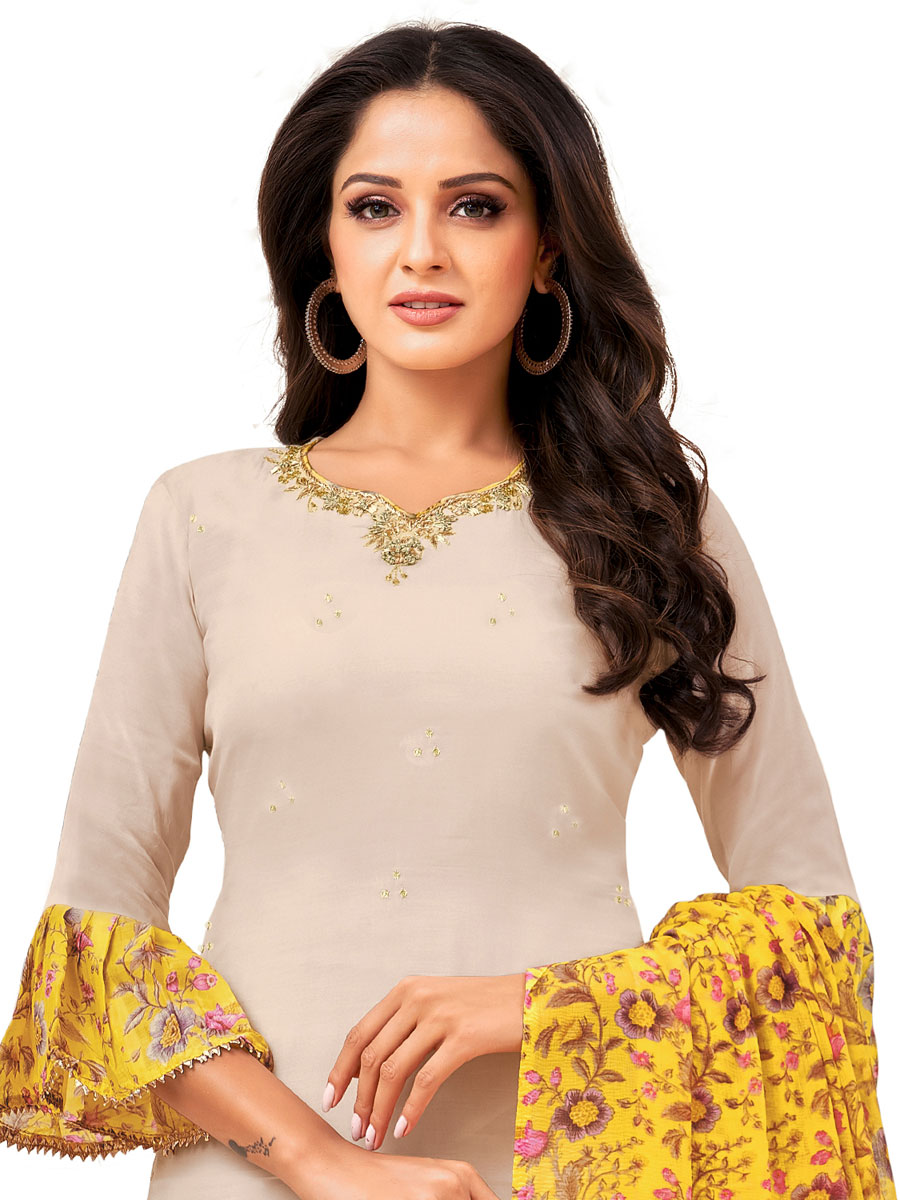 Beige Yellow Chanderi Cotton Embroidered Party Churidar Pant Kameez