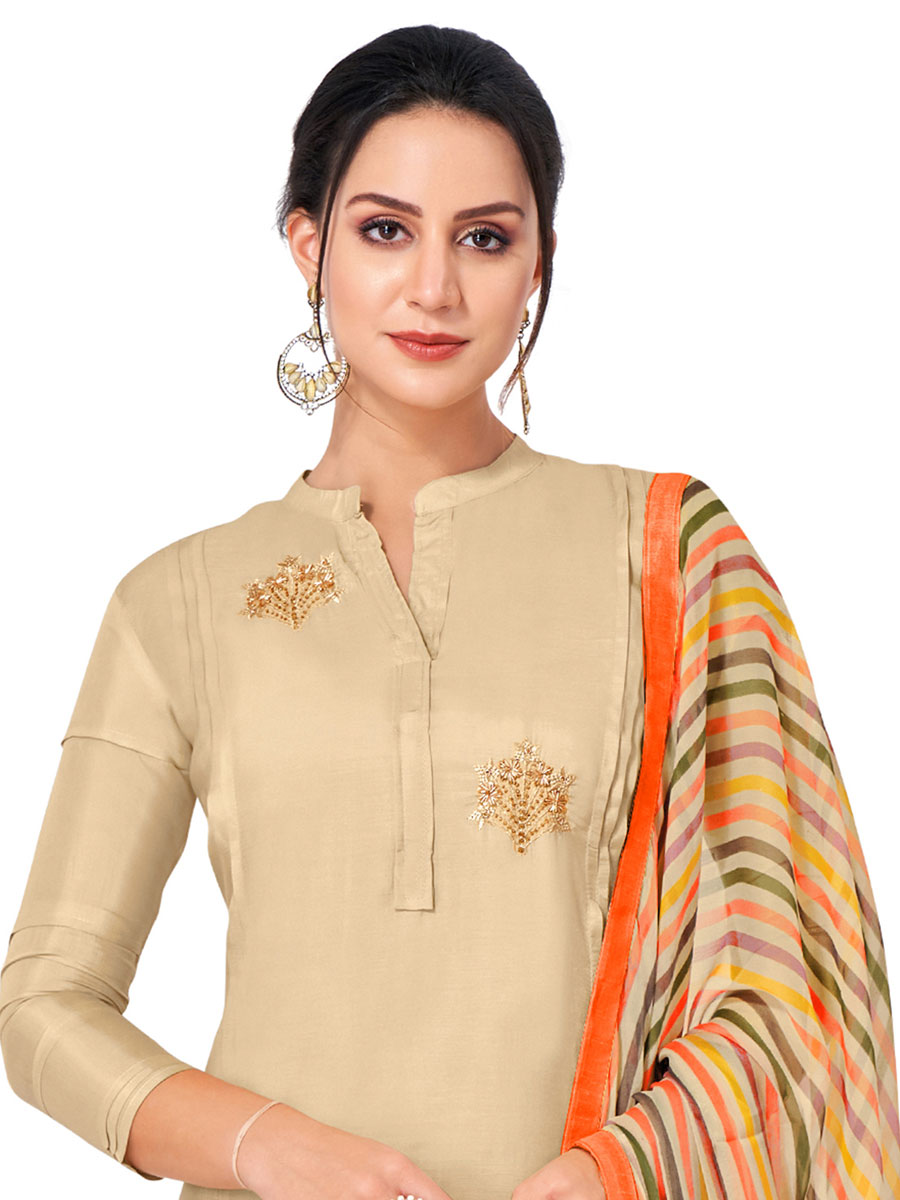 Beige Yellow Chanderi Cotton Embroidered Party Churidar Pant Kameez