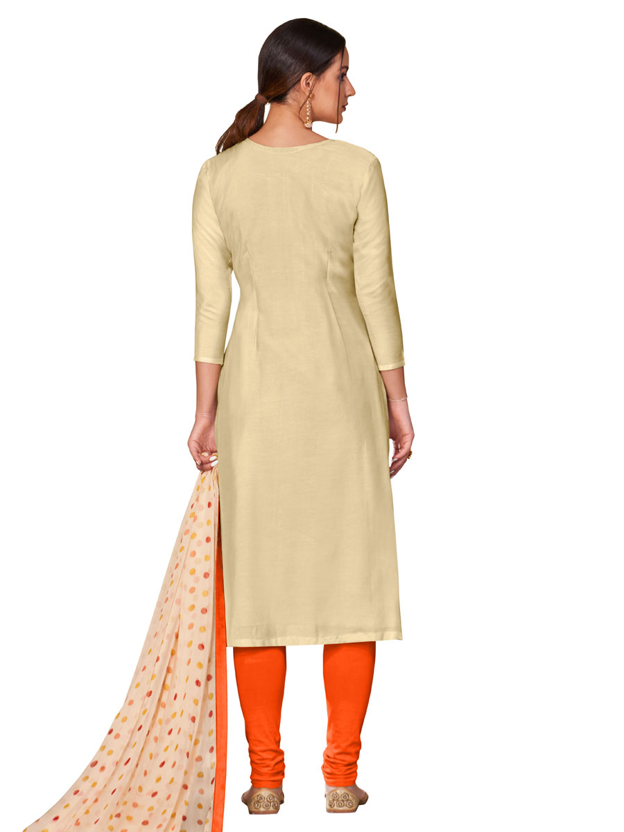 Beige Yellow Chanderi Cotton Embroidered Party Churidar Pant Kameez
