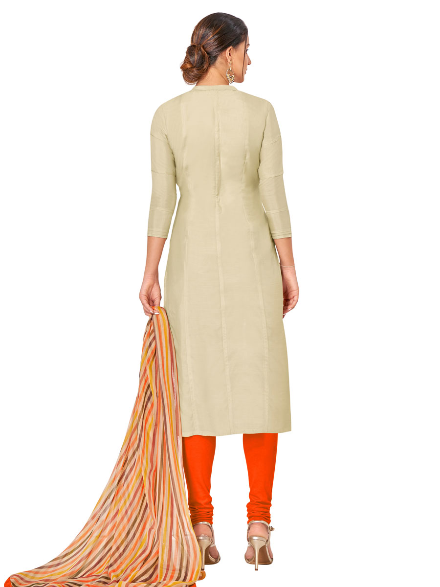 Beige Yellow Chanderi Cotton Embroidered Party Churidar Pant Kameez