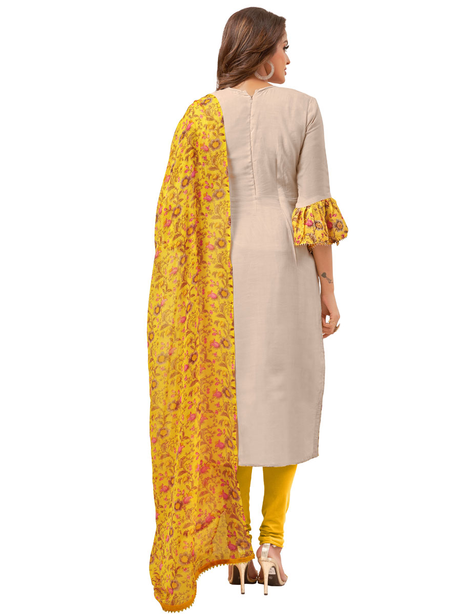 Beige Yellow Chanderi Cotton Embroidered Party Churidar Pant Kameez