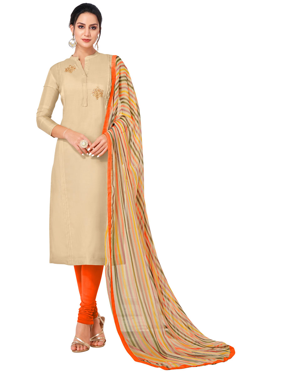Beige Yellow Chanderi Cotton Embroidered Party Churidar Pant Kameez
