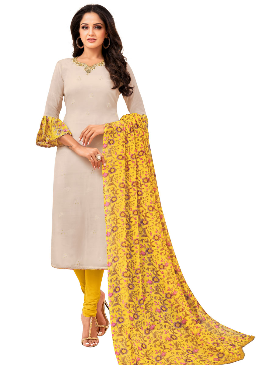 Beige Yellow Chanderi Cotton Embroidered Party Churidar Pant Kameez