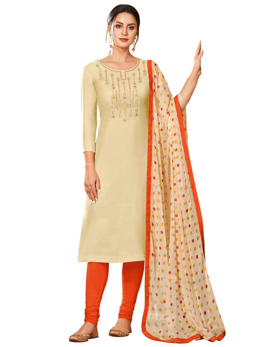 Beige Yellow Chanderi Cotton Embroidered Party Churidar Pant Kameez