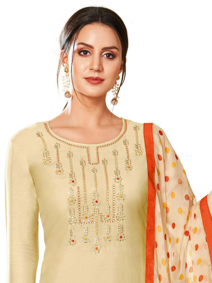 Beige Yellow Chanderi Cotton Embroidered Party Churidar Pant Kameez
