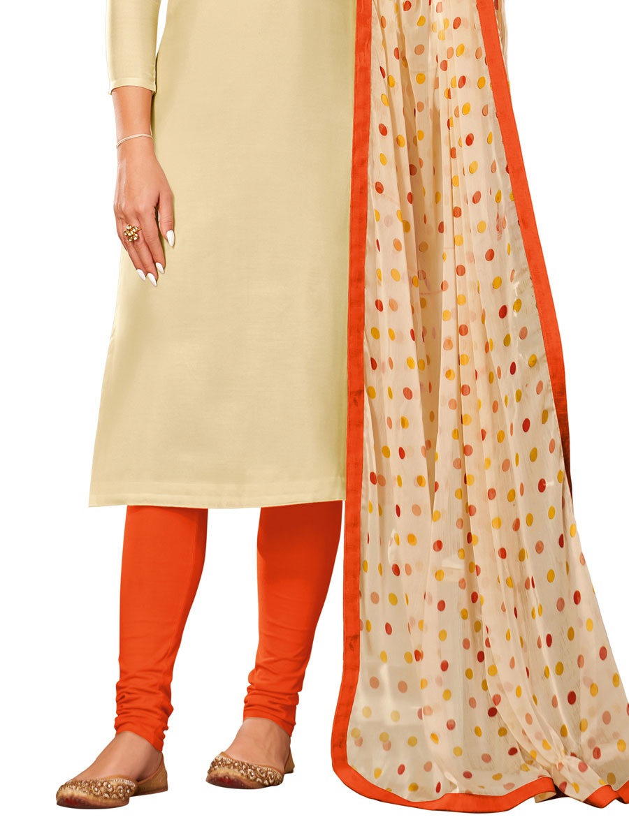 Beige Yellow Chanderi Cotton Embroidered Party Churidar Pant Kameez