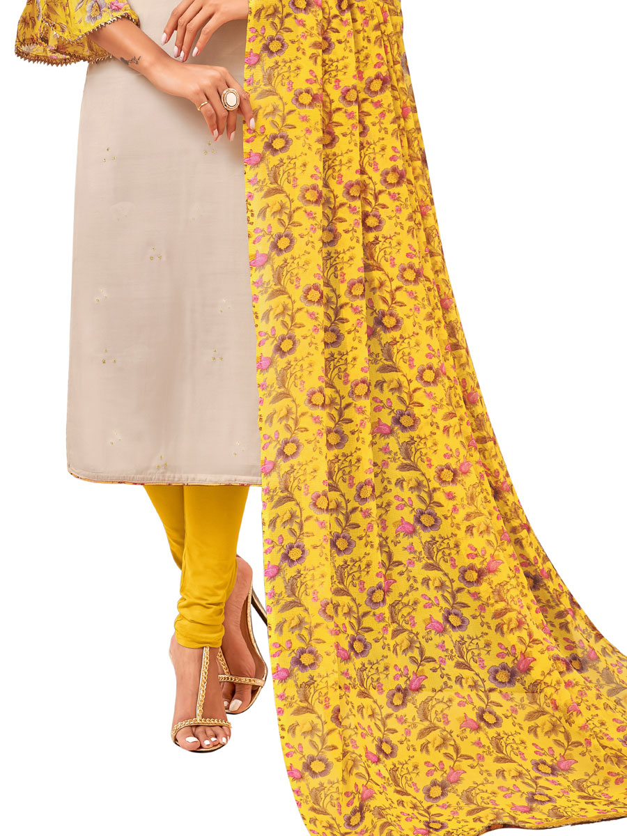 Beige Yellow Chanderi Cotton Embroidered Party Churidar Pant Kameez