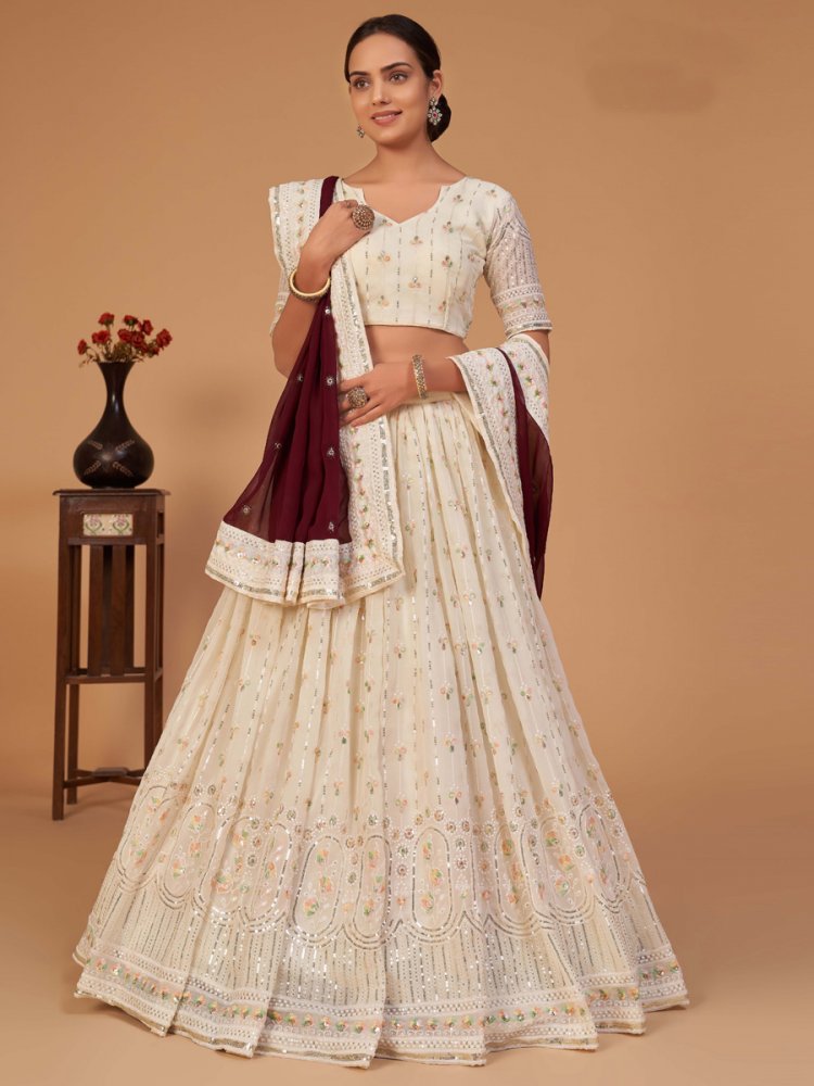 Beige Yellow Faux Georgette Embroidered Party Lehenga Choli