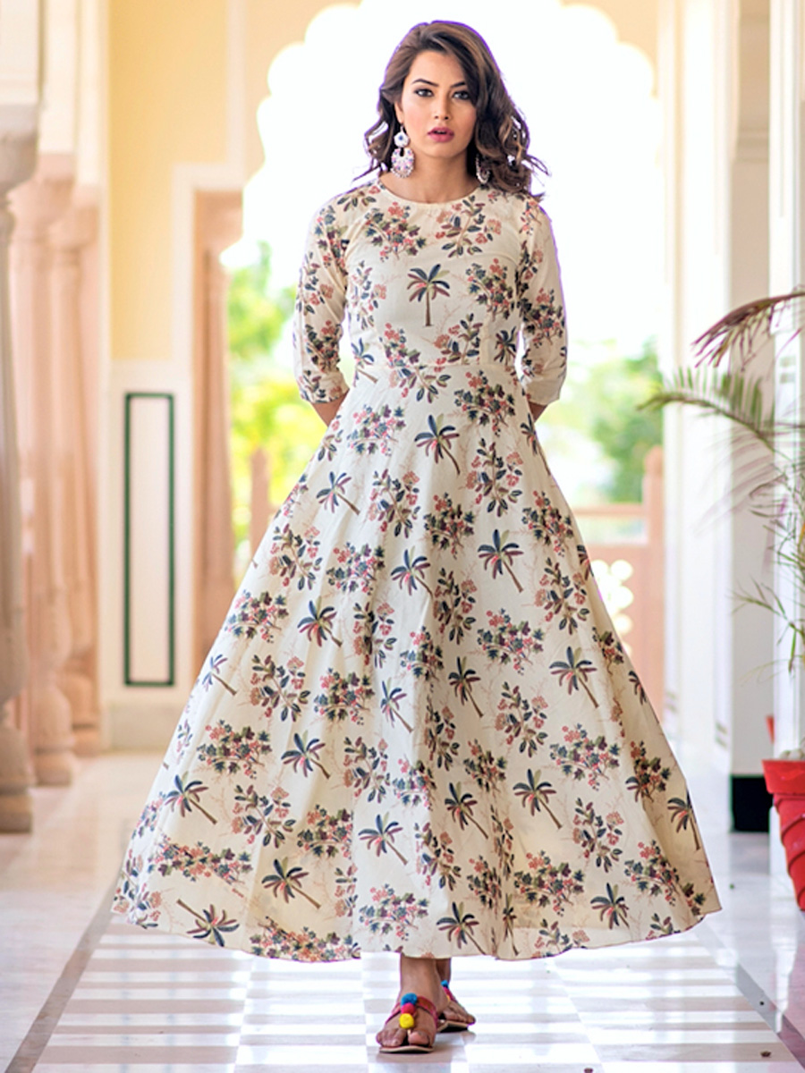 Beige Yellow Maslin Silk Casual Printed Gown