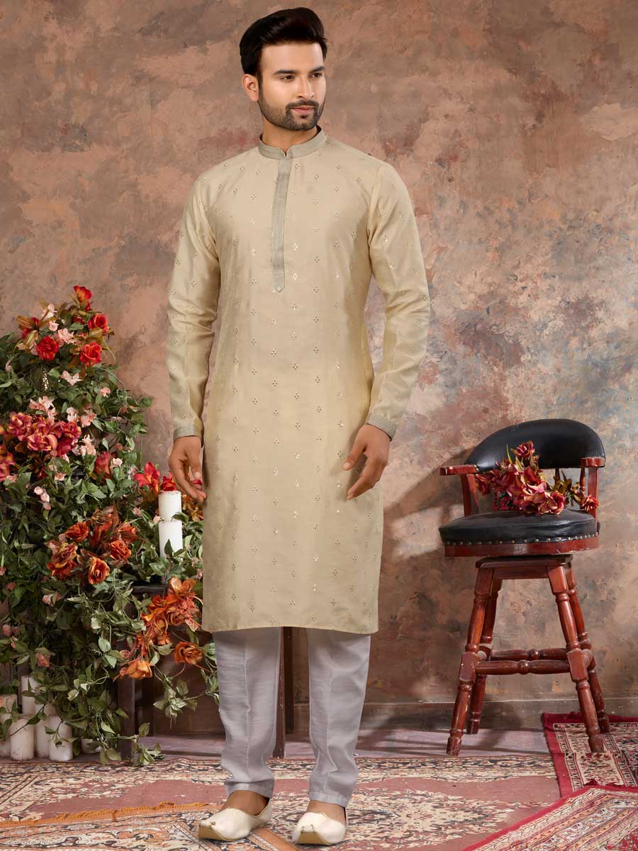 Beige Yellow Silk Embroidered Festival Kurta Set