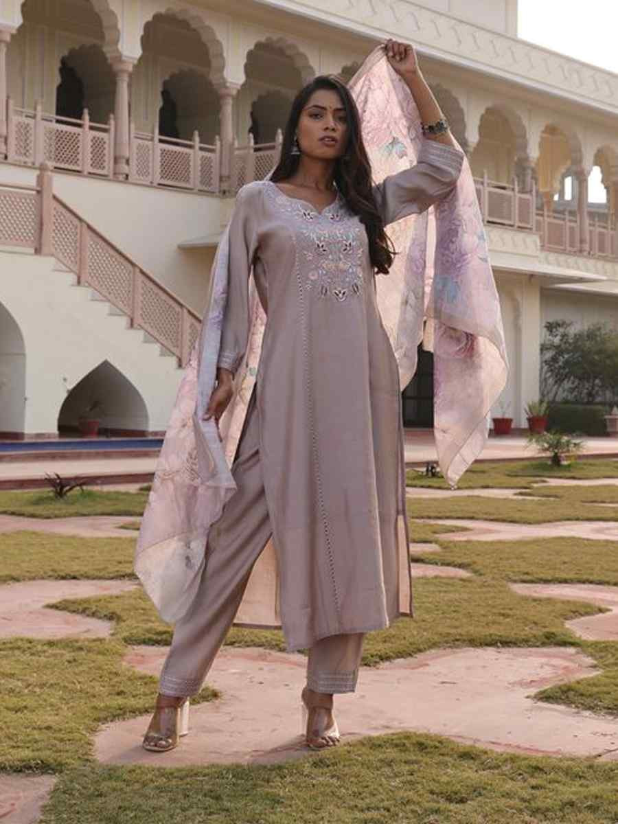 Biege Cotton Silk Embroidered Casual Festival Pant Salwar Kameez