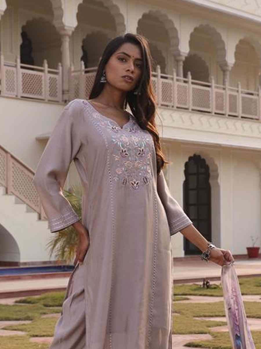 Biege Cotton Silk Embroidered Casual Festival Pant Salwar Kameez