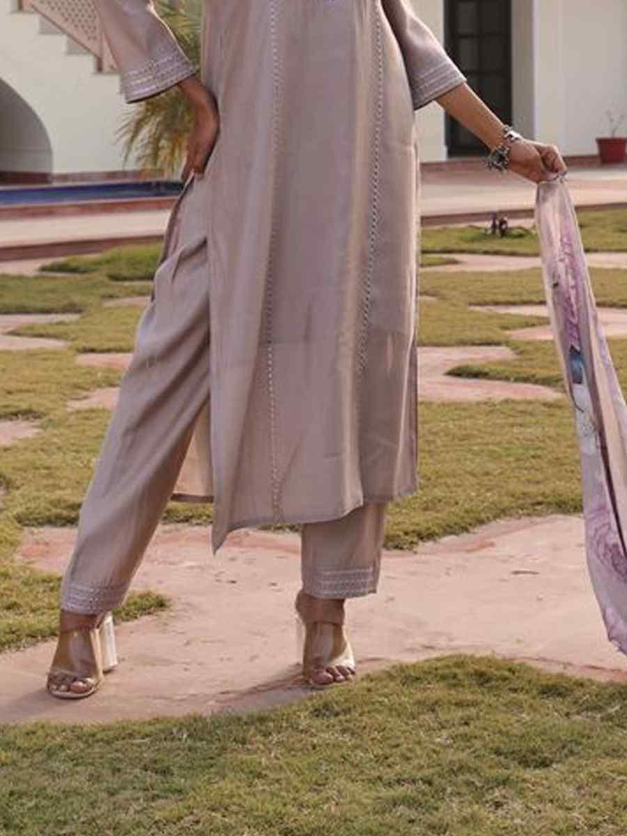 Biege Cotton Silk Embroidered Casual Festival Pant Salwar Kameez
