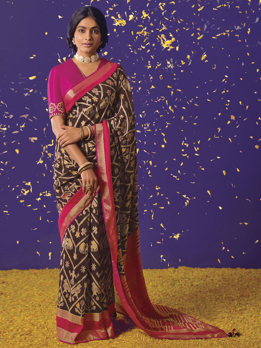Bistre Brown Brasso Festival Printed Saree