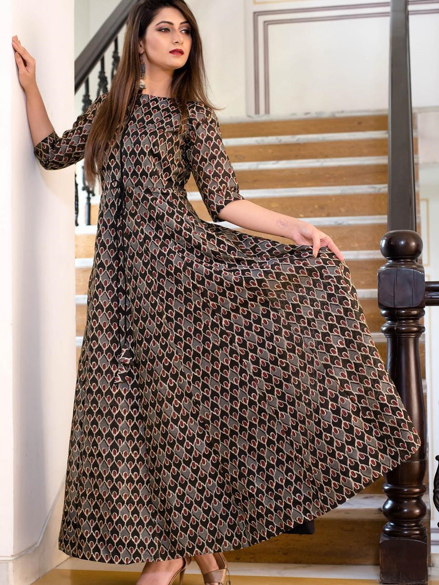 Bistre Brown Maslin Silk Casual Printed Gown