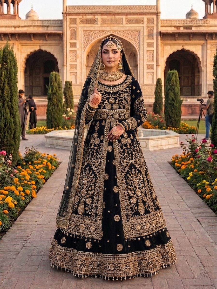 Black 9000 markable Velvet Embroidery Zari Zardosi Sequins Wedding Reception Party Festival Heavy Border Lehenga Choli