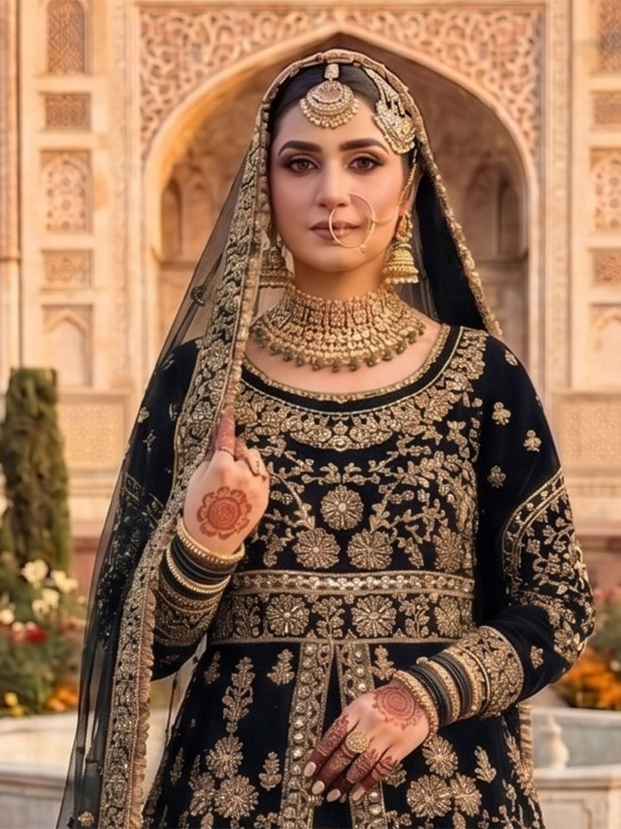 Black 9000 markable Velvet Embroidery Zari Zardosi Sequins Wedding Reception Party Festival Heavy Border Lehenga Choli
