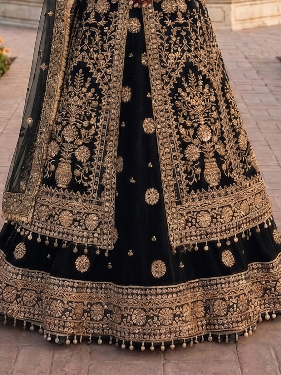 Black 9000 markable Velvet Embroidery Zari Zardosi Sequins Wedding Reception Party Festival Heavy Border Lehenga Choli