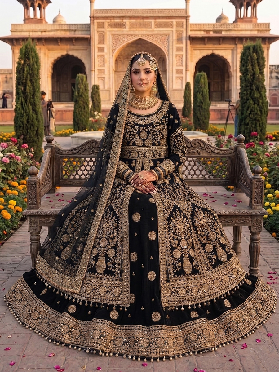 Black 9000 markable Velvet Embroidery Zari Zardosi Sequins Wedding Reception Party Festival Heavy Border Lehenga Choli