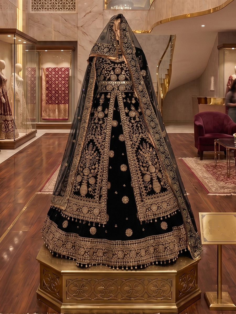 Black 9000 markable Velvet Embroidery Zari Zardosi Sequins Wedding Reception Party Festival Heavy Border Lehenga Choli