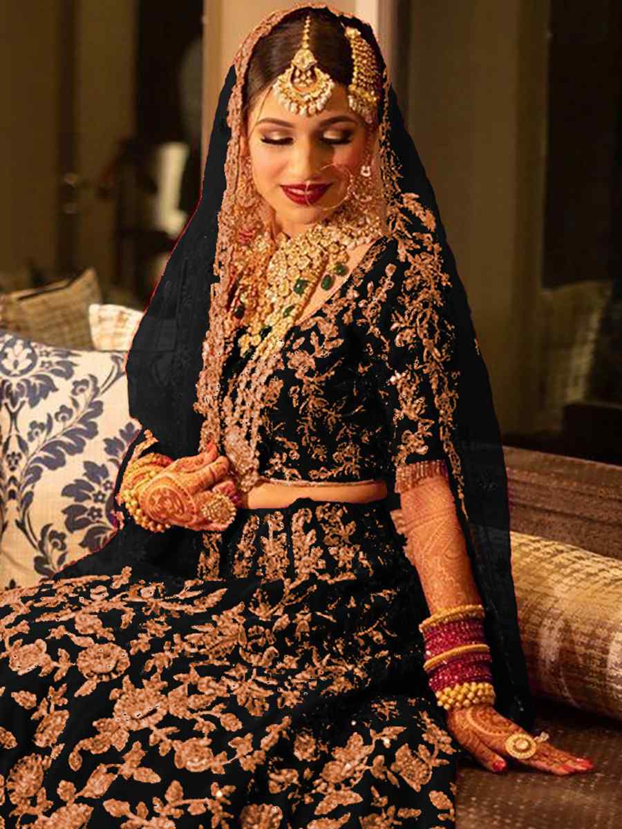 Black 9000 Velvet Embroidered Bridal Wedding Heavy Border Lehenga Choli