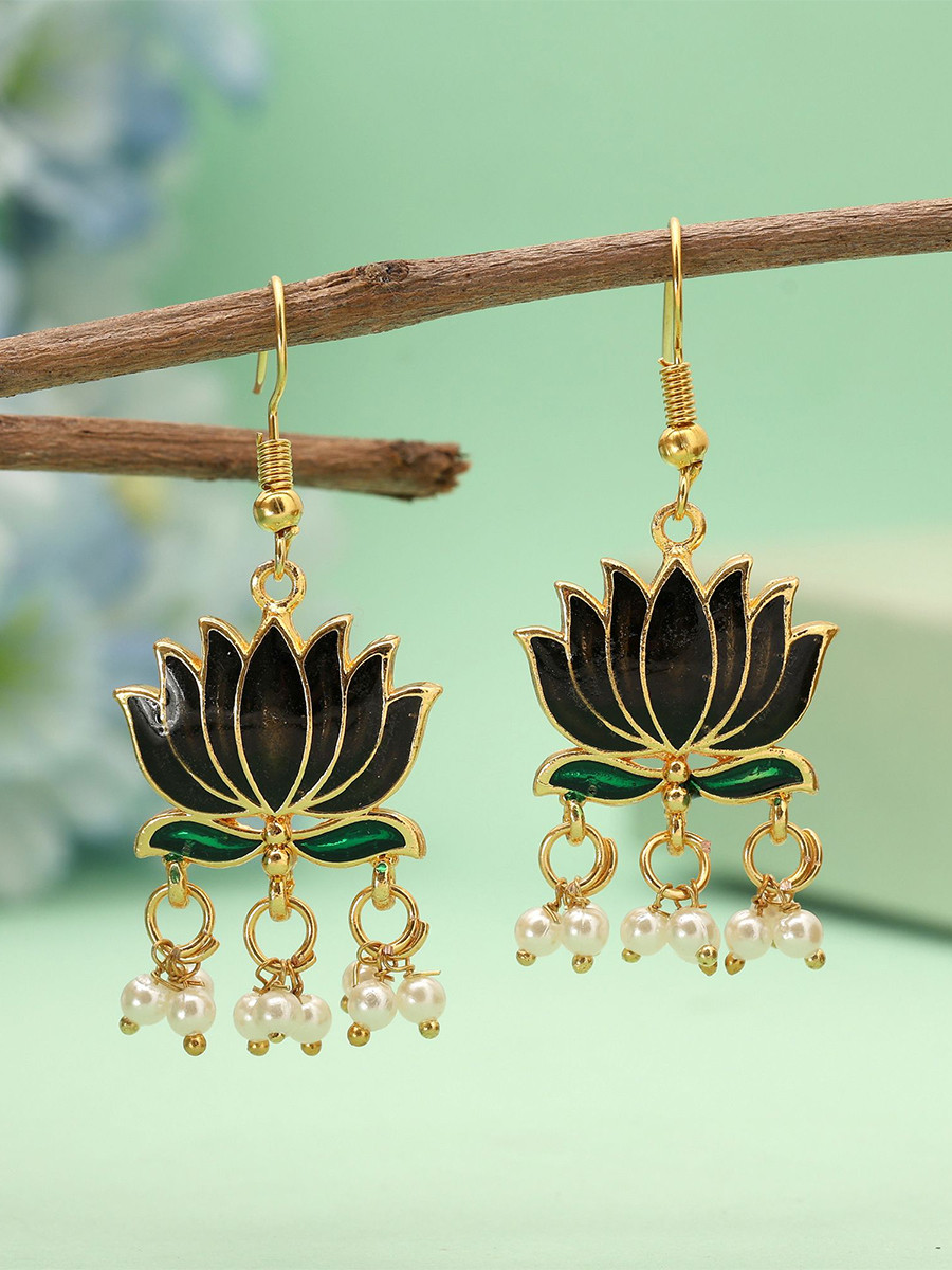 Black Alloy Meenakari Pearls Festival Party Wedding Lotus Earrings