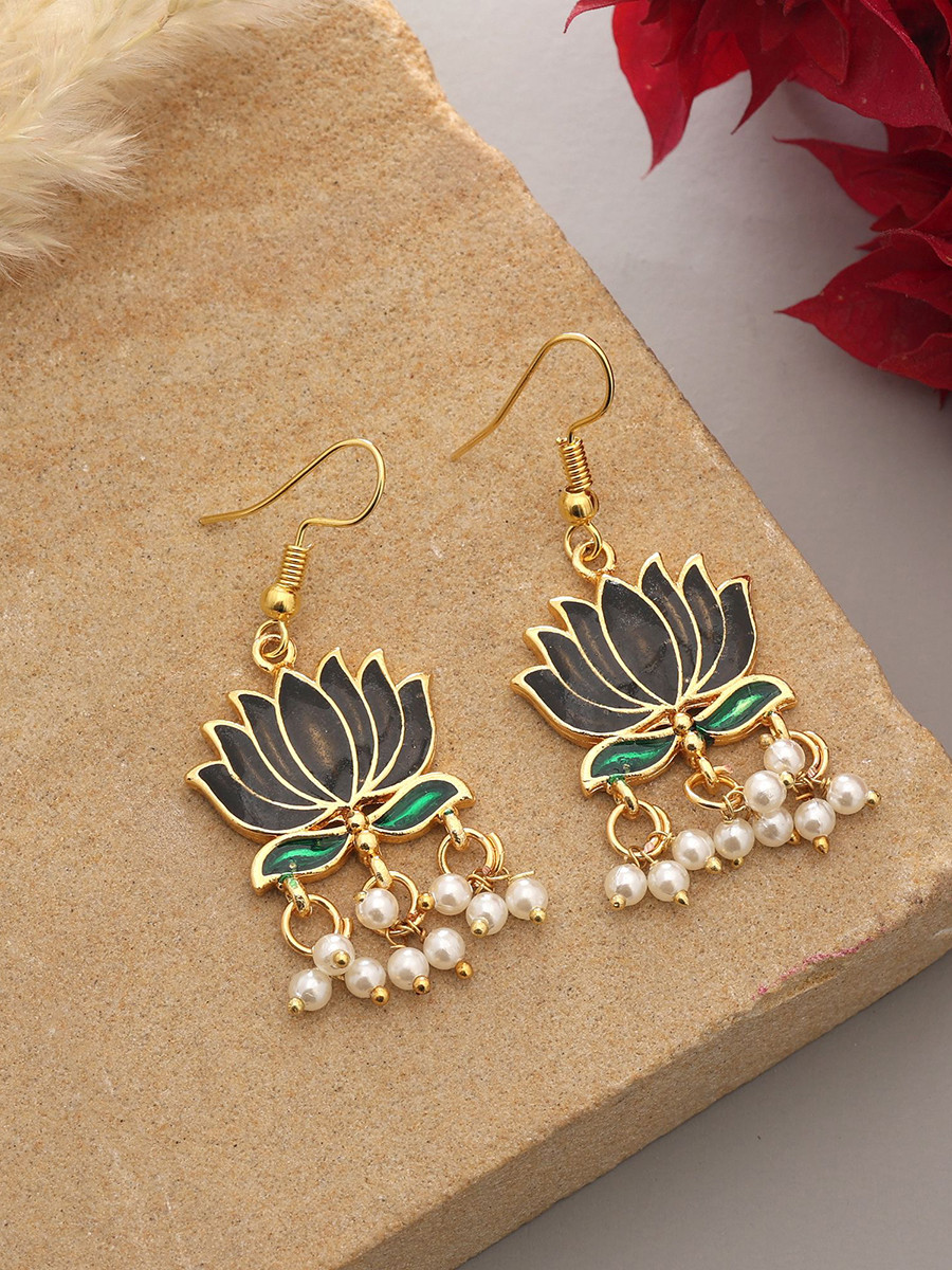 Black Alloy Meenakari Pearls Festival Party Wedding Lotus Earrings