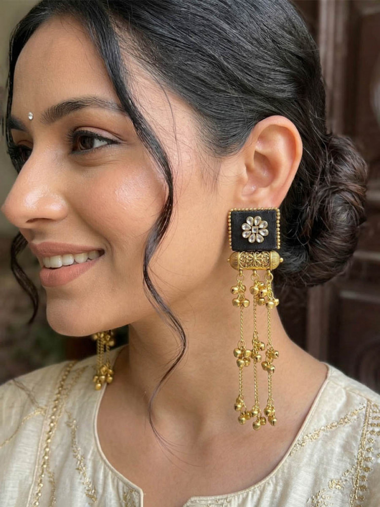 Image of Black Alloy Wedding Party Festival Wear Kundan Stone Earrings