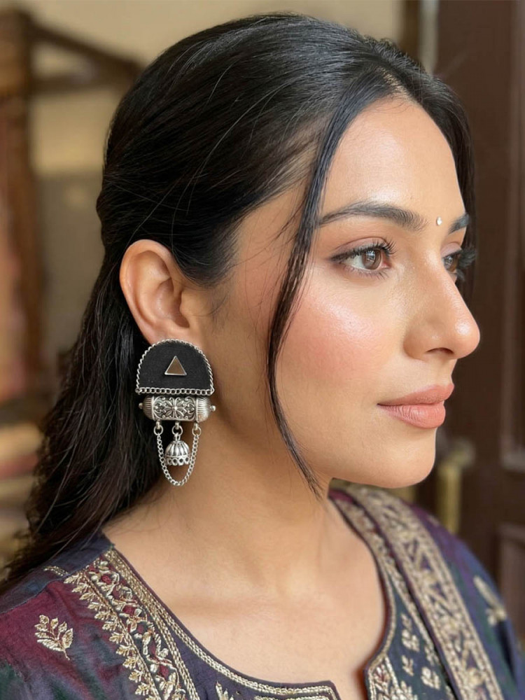 Image of Black Alloy Wedding Party Festival Wear Oxidised Stone Work Earrings
