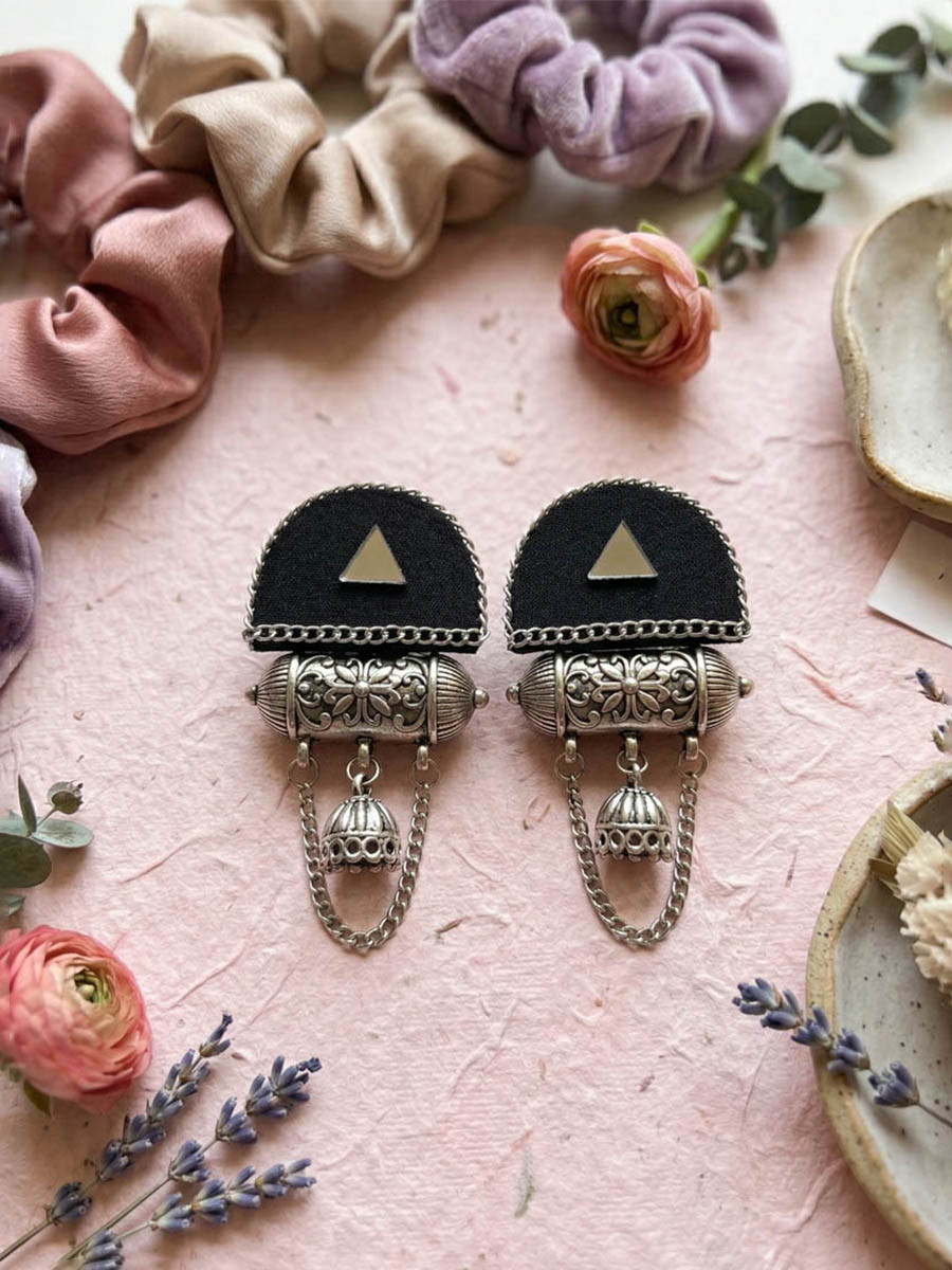Black Alloy Wedding Party Festival Wear Oxidised Stone Work Earrings