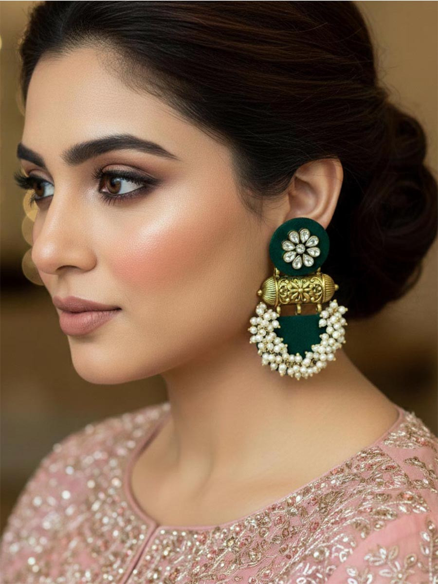 Black Alloy Wedding Party Festival Wear Pearls Kundan Earrings