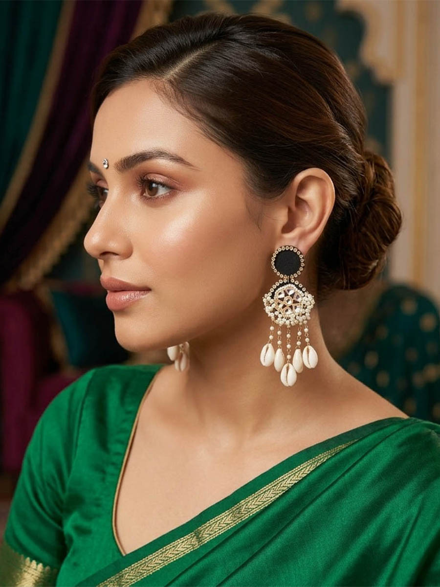 Black Alloy Wedding Party Festival Wear Pearls Kundan Earrings