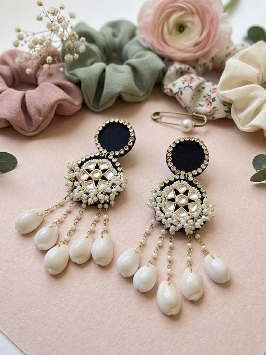 Black Alloy Wedding Party Festival Wear Pearls Kundan Earrings