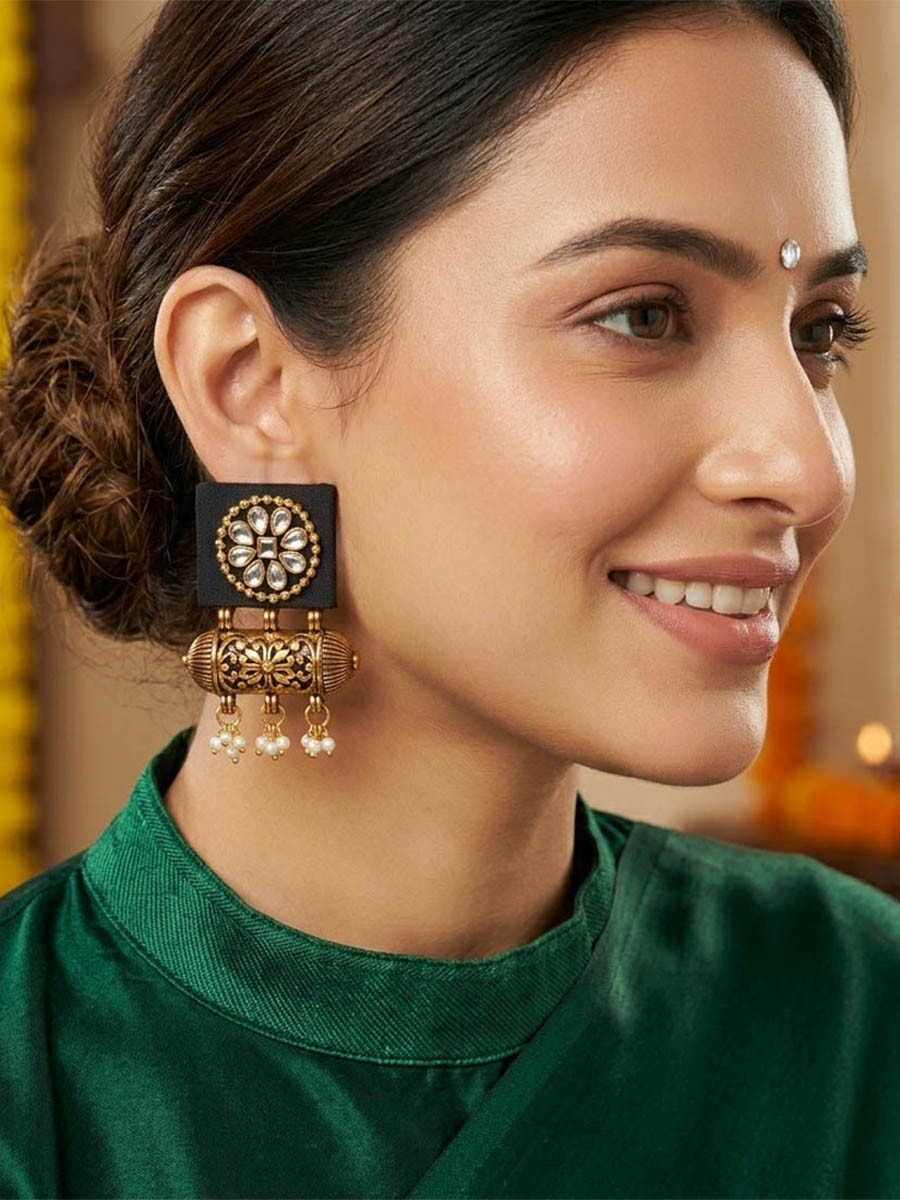 Black Alloy Wedding Party Festival Wear Pearls Kundan Earrings