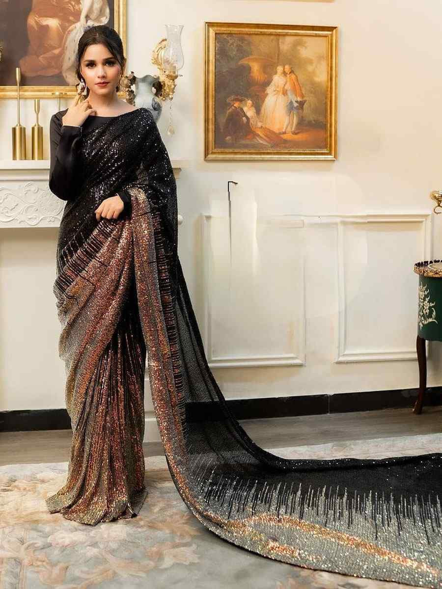 Black & Golden Georgette Embroidered Festival Wedding Fancy Heavy Border Saree