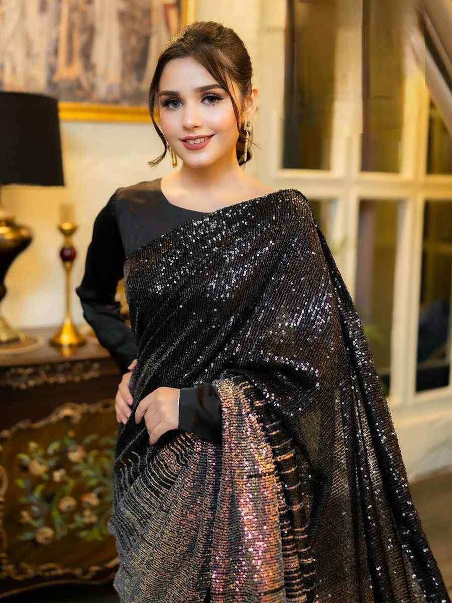Black  Golden Georgette Embroidered Festival Wedding Fancy Heavy Border Saree