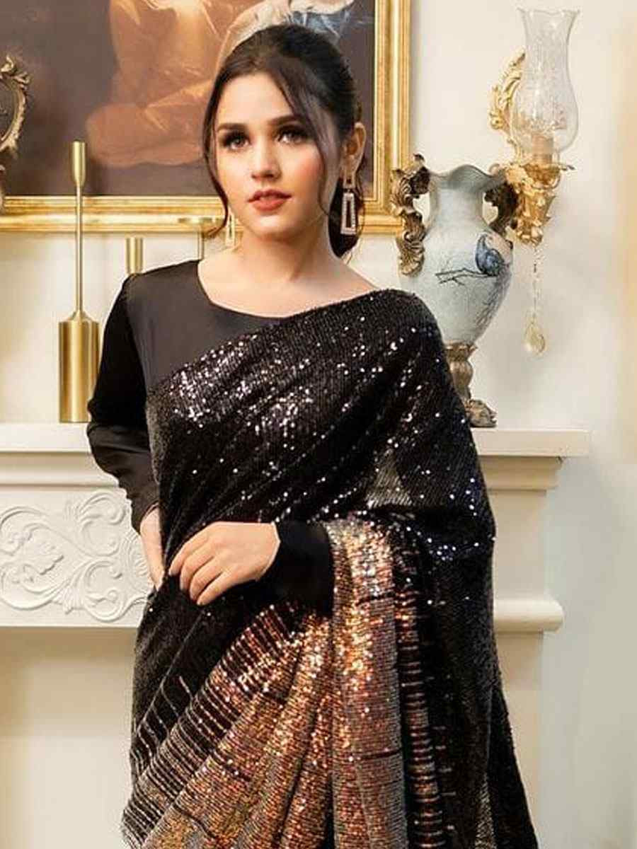 Black & Golden Georgette Embroidered Festival Wedding Fancy Heavy Border Saree