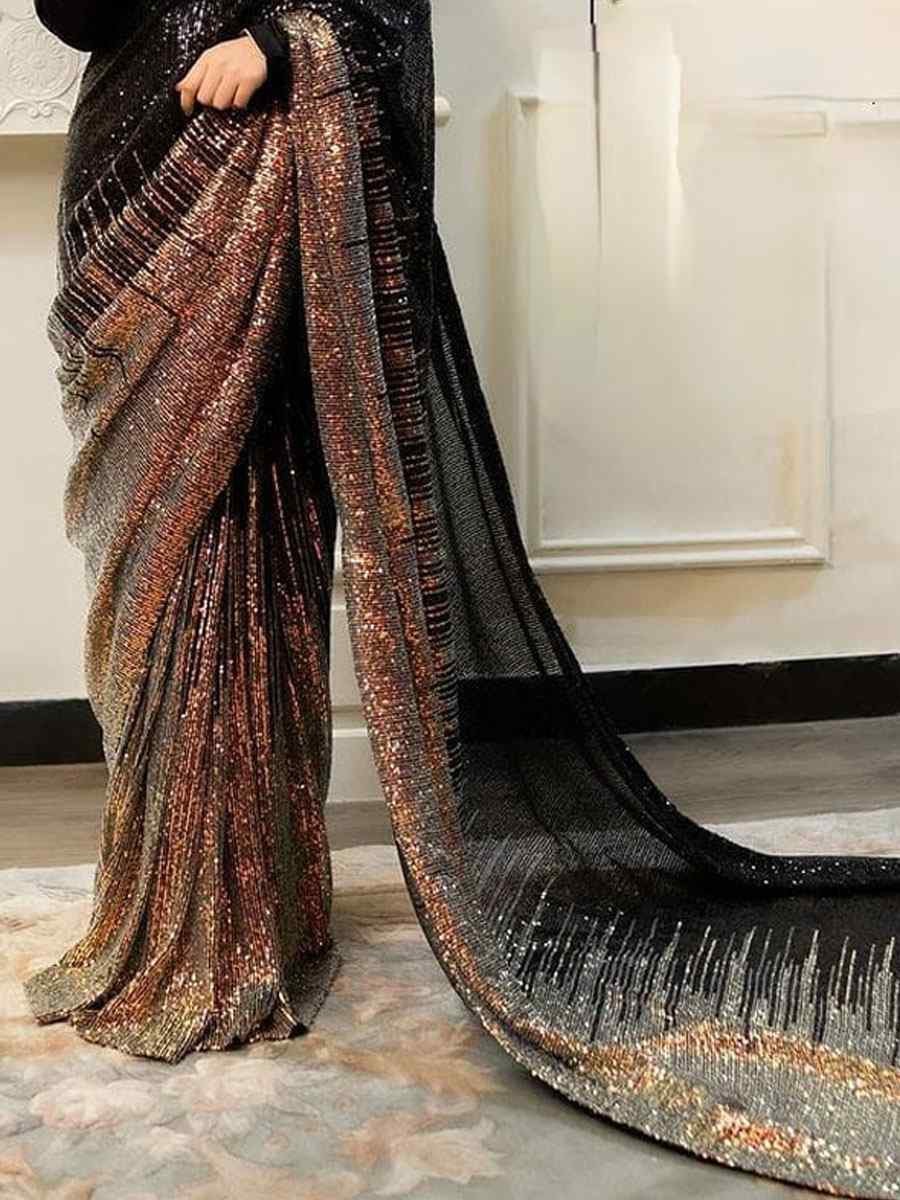 Black Golden Georgette Embroidered Festival Wedding Fancy Heavy Border Saree
