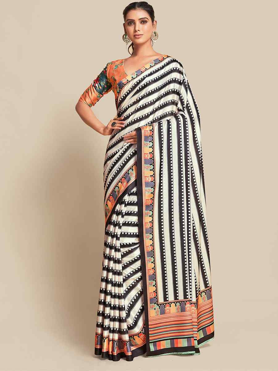 Black White Bright Moss Printed Festival Casual Contemporary Saree