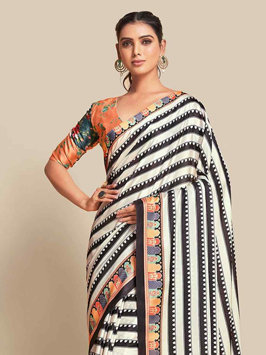 Black White Bright Moss Printed Festival Casual Contemporary Saree