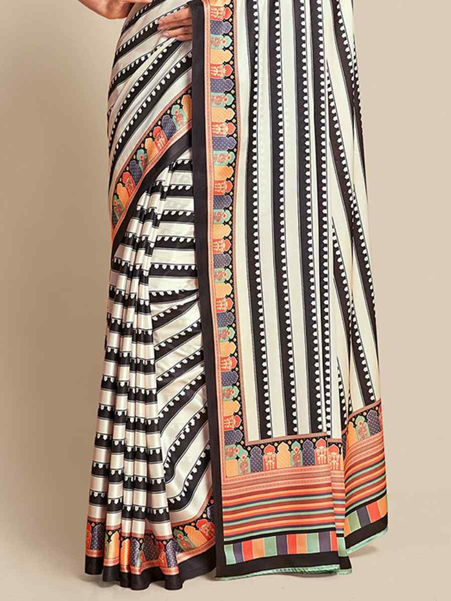 Black White Bright Moss Printed Festival Casual Contemporary Saree