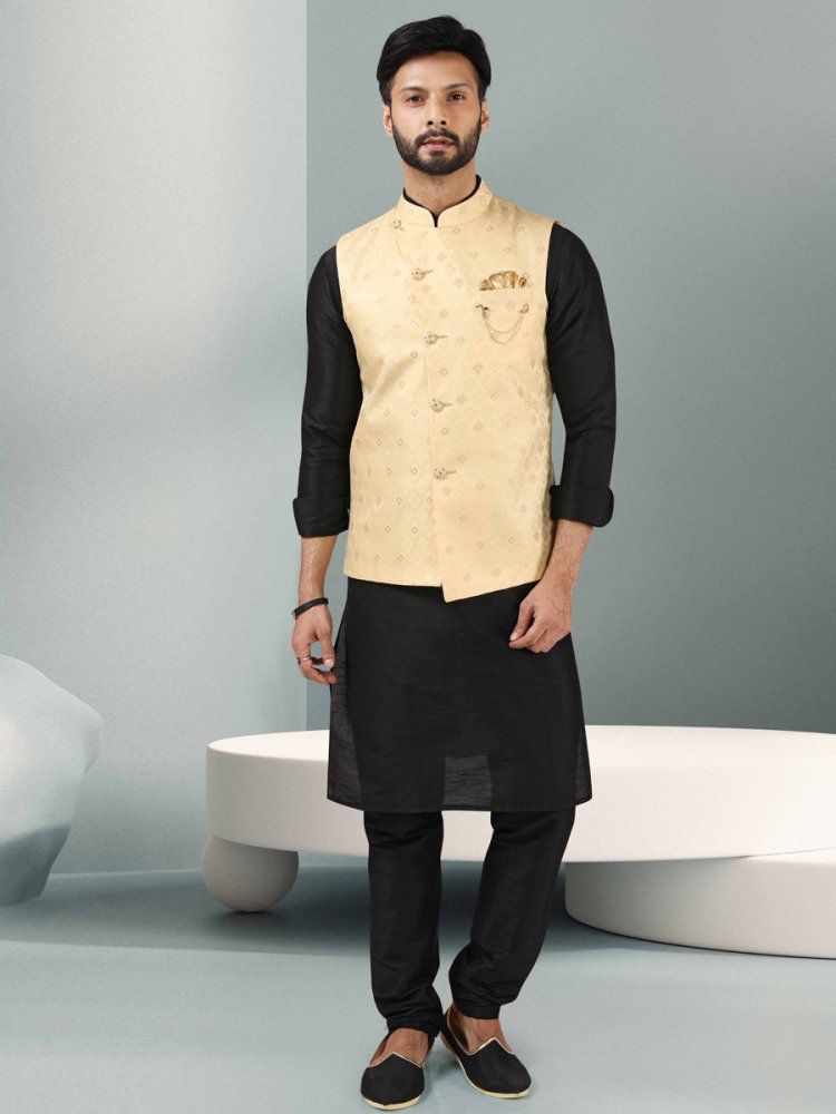 Black And Beige Yellow Jacquard Banarasi Silk Woven Kurta Nehru Jacket Set