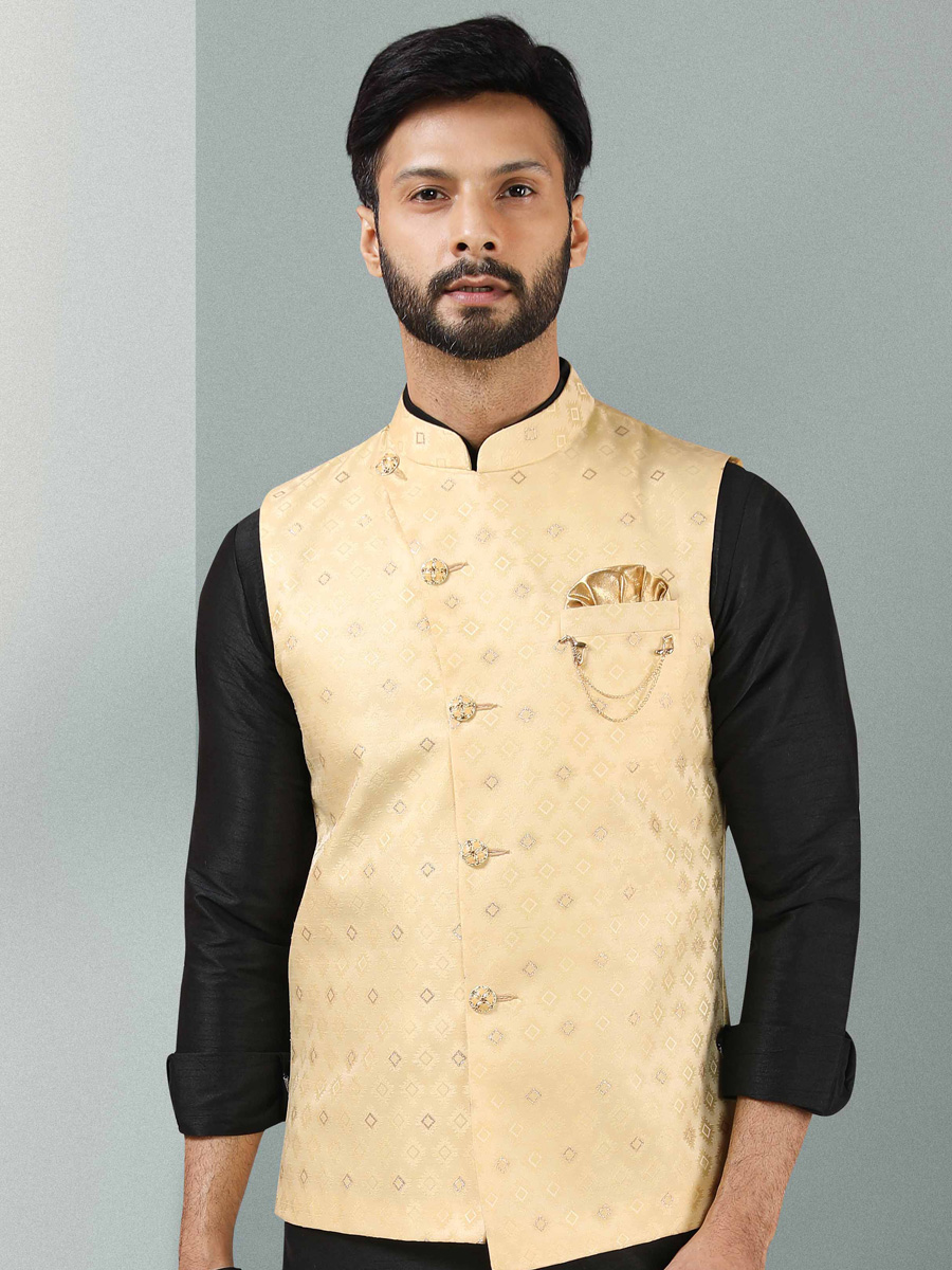 Black And Beige Yellow Jacquard Banarasi Silk Woven Kurta Nehru Jacket Set