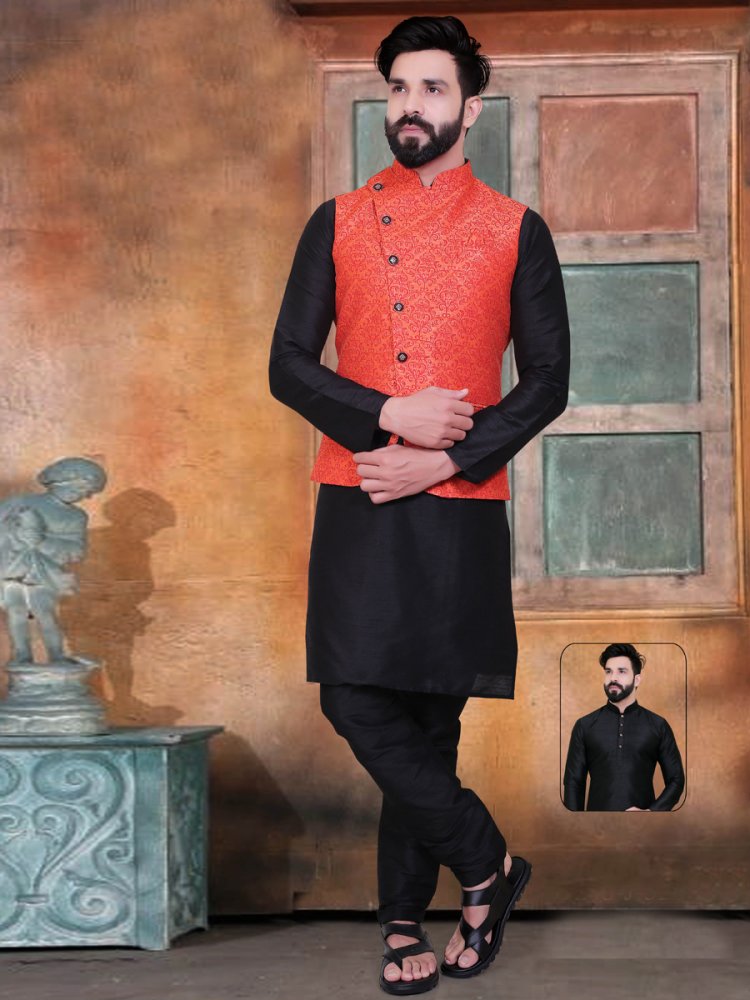Black And Coral Orange Silk Handwoven Party Kurta Nehru Jacket