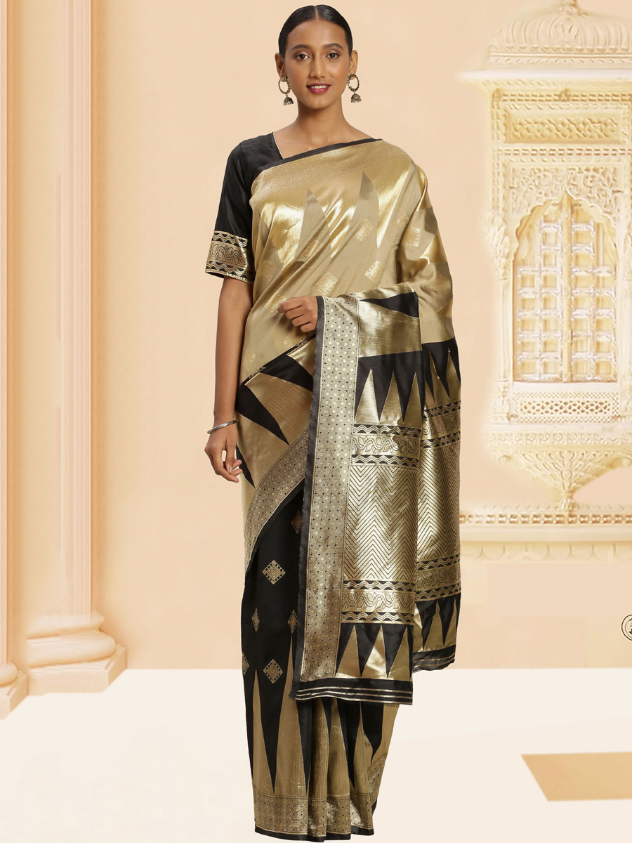 Black and Ecru Brown Banarasi Silk Handwoven Party Saree