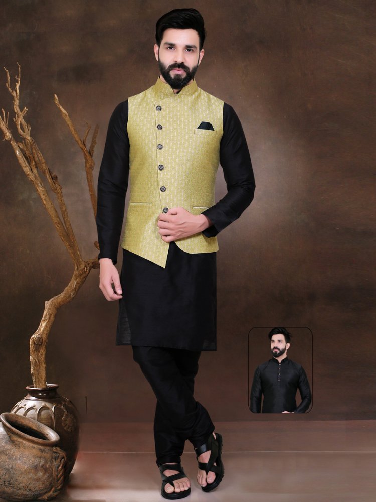 Black And Maize Yellow Silk Handwoven Party Kurta Nehru Jacket