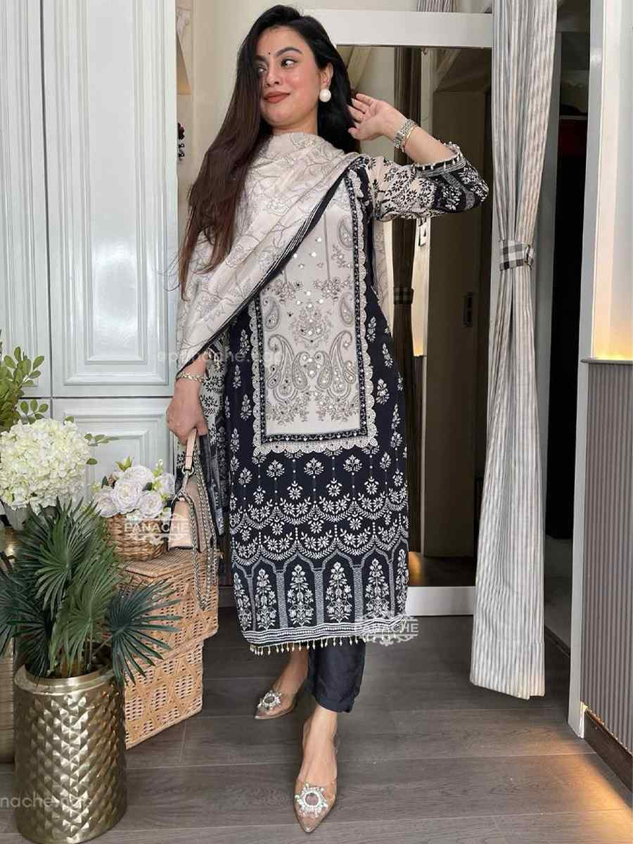 Black And White Chinon Embroidery Party Wedding Festival Casual Ready Pant Salwar Kameez