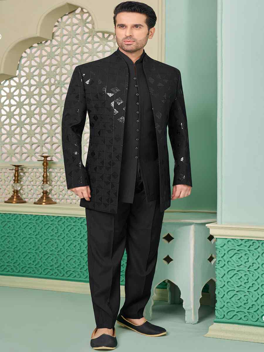 Black Art Banarasi Silk Embroidered Festival Party Kurta