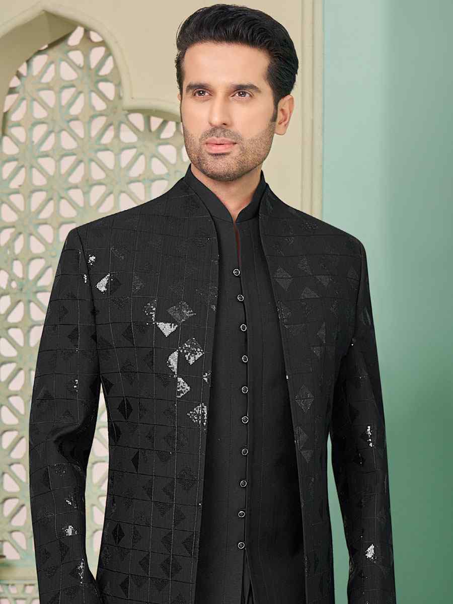 Black Art Banarasi Silk Embroidered Festival Party Kurta